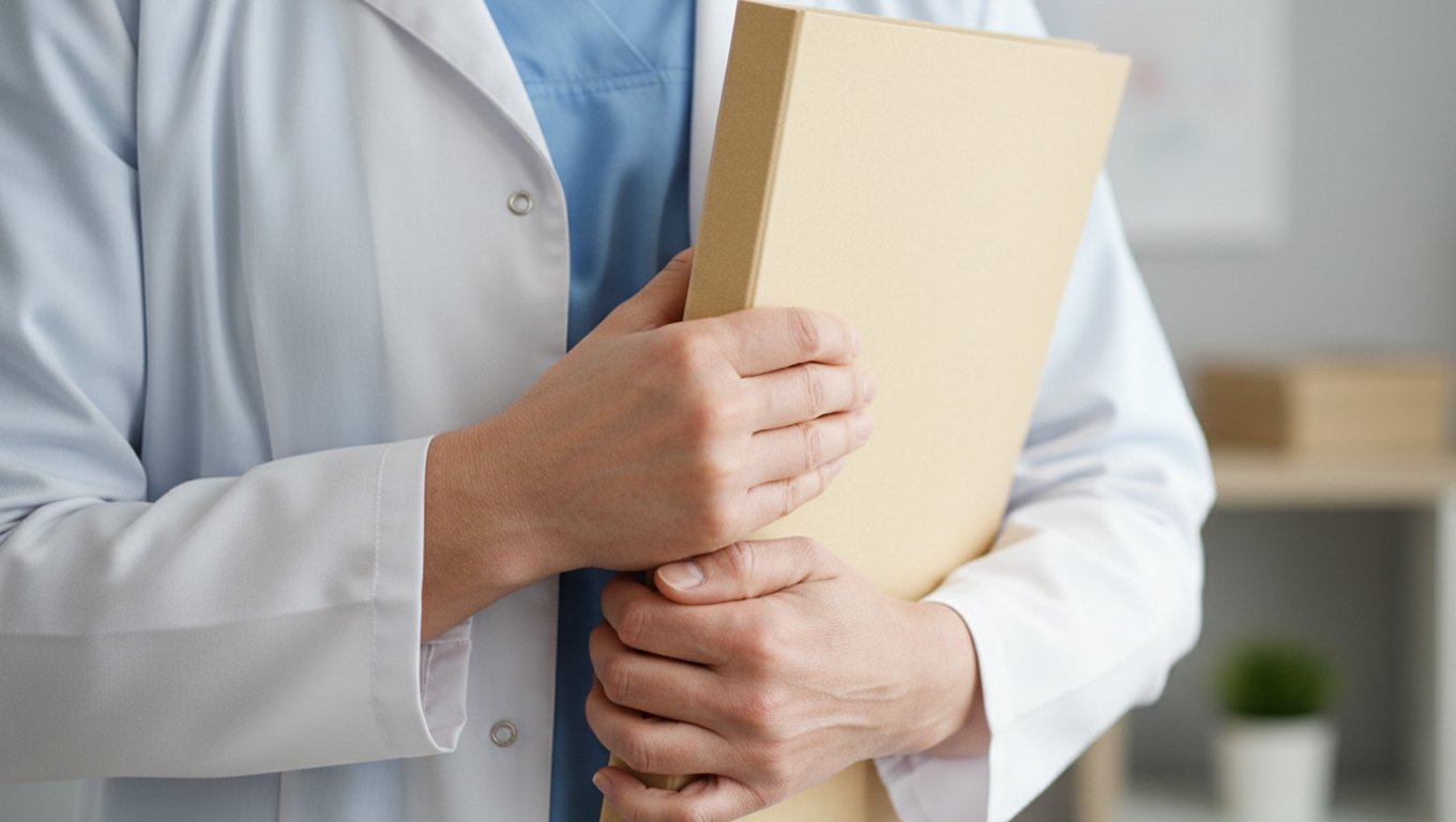 Врач держит в руках папку с документами